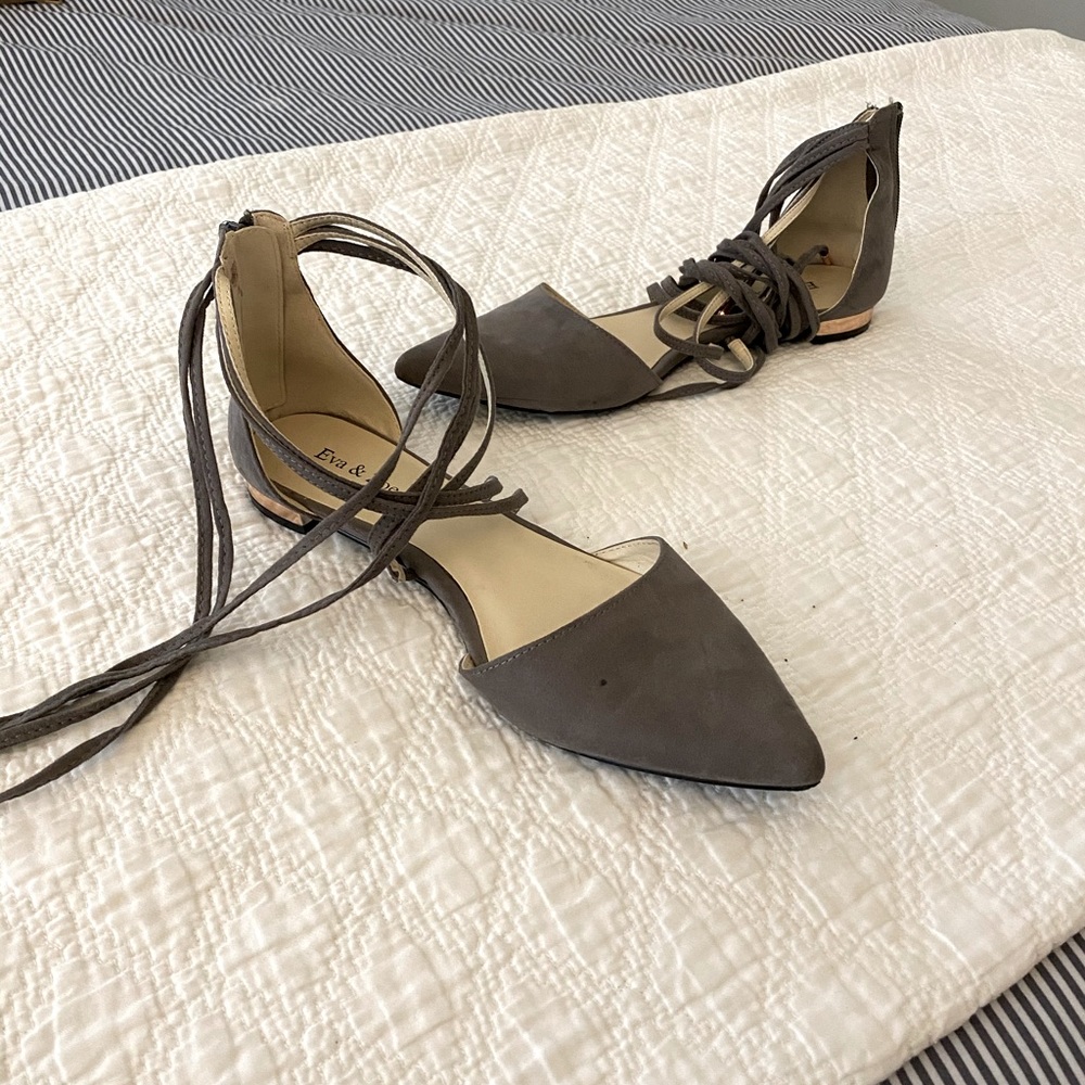 Gray ballet flats with rose gold detail